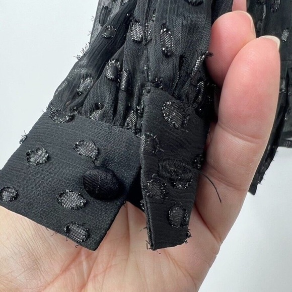 Secular Black Metallic Sheer Ruffle Tie Neck Blouse Size Small Button Cuffs USA - Picture 3 of 7